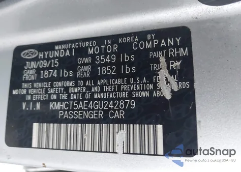 2016 Hyundai Accent Se z USA, uszkodzony, nr VIN KMHCT5AE4GU242879